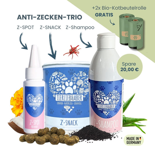 Anti-Zecken-Box: Z-SNACK, Z-SPOT & PREMIUM Fellpflege Shampoo + GRATIS Bio-Kotbeutel